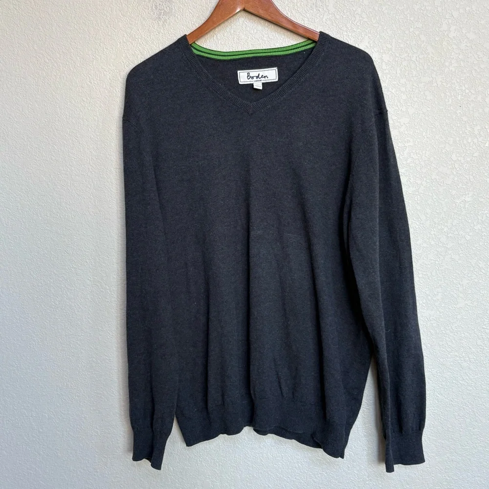 Boden‎ Mens Charcoal Gray V-Neck Cotton Wool Sweater XL Green Trim